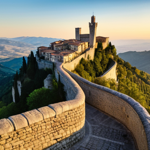 Home 15 **Prompt:** "Dramatic aerial view of the historic City of San Marino perched atop Mount Titano, bathed in golden hour light. Capture the ancient stone buildings, winding streets, and iconic fortresses (Guaita, Cesta, Montale) from a high angle, showcasing the panoramic vista."