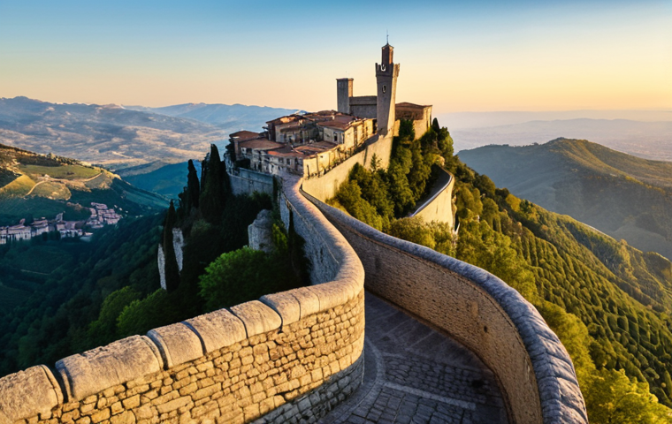 **Prompt:** "Dramatic aerial view of the historic City of San Marino perched atop Mount Titano, bathed in golden hour light. Capture the ancient stone buildings, winding streets, and iconic fortresses (Guaita, Cesta, Montale) from a high angle, showcasing the panoramic vista."