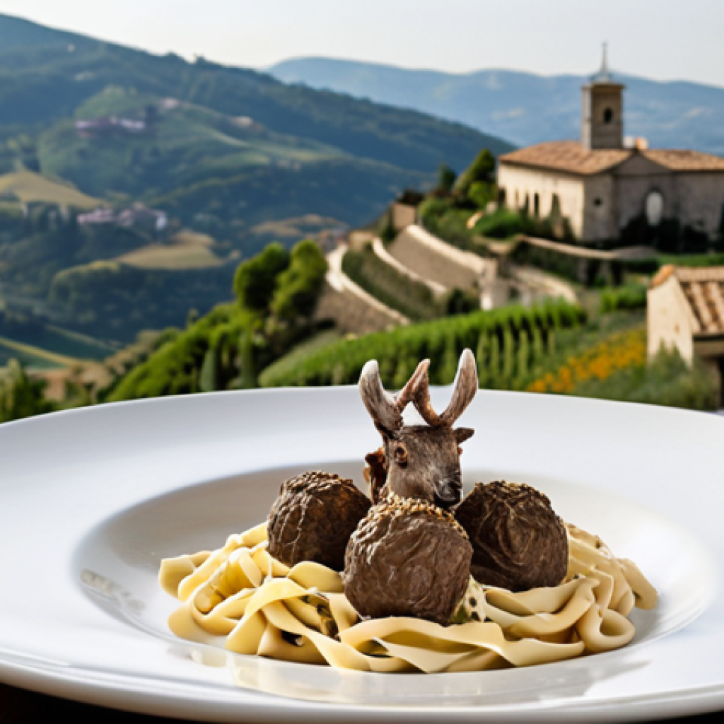 **

A beautifully plated pasta dish featuring local truffles and sustainably raised venison in a high-end restaurant in San Marino. Focus on the artistic presentation of the food and a glimpse of the hilltop landscape in the background.

**
