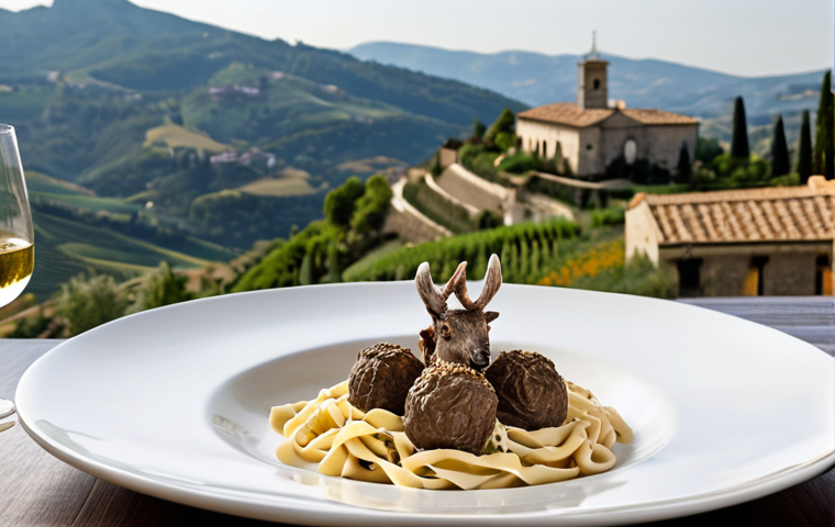 **
A beautifully plated pasta dish featuring local truffles and sustainably raised venison in a high-end restaurant in San Marino. Focus on the artistic presentation of the food and a glimpse of the hilltop landscape in the background.
**