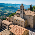 ** A scenic view of San Marino's historic city center, showcasing its ancient buildings and architecture, with a focus on attracting tourists interested in history and heritage.

**
