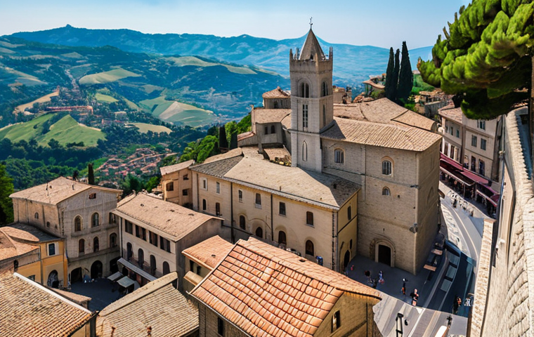 ** A scenic view of San Marino's historic city center, showcasing its ancient buildings and architecture, with a focus on attracting tourists interested in history and heritage.
**