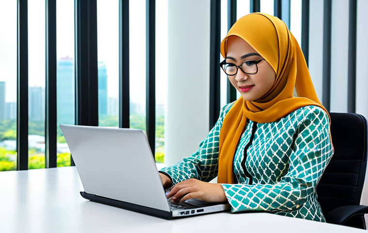 산마리노와 EU 관계 - **

"A professional Malaysian businesswoman in a modest baju kurung, working on a laptop at a desk i...