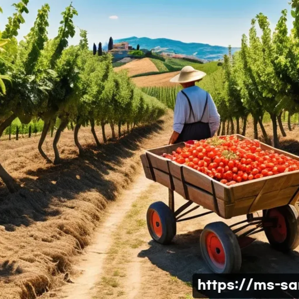 산마리노의 특산물 및 와인 - A vibrant, sunlit San Marino countryside scene showcasing a traditional farm with lush, fertile soil...
