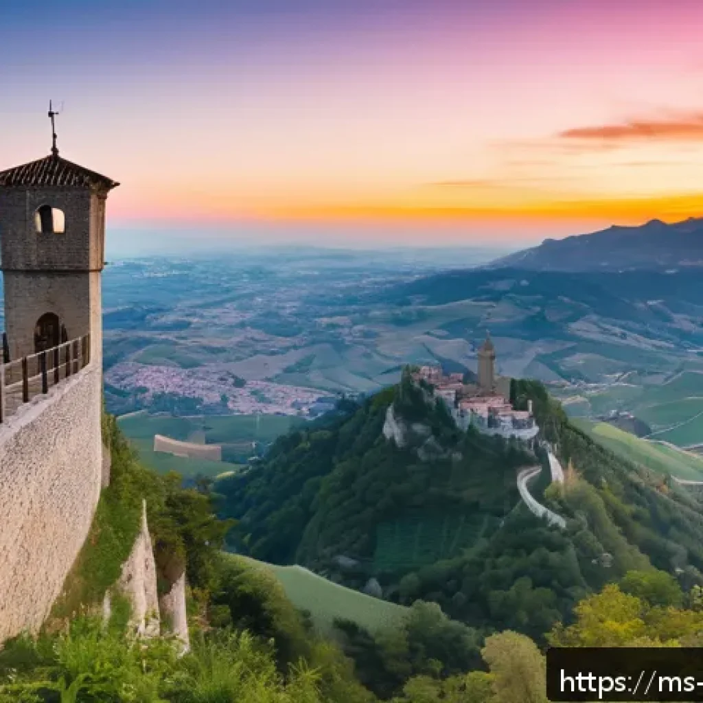 산마리노 구시가지 탐방 - A panoramic view of San Marino’s ancient Guaita Tower perched atop a rugged hill at sunset, with win...