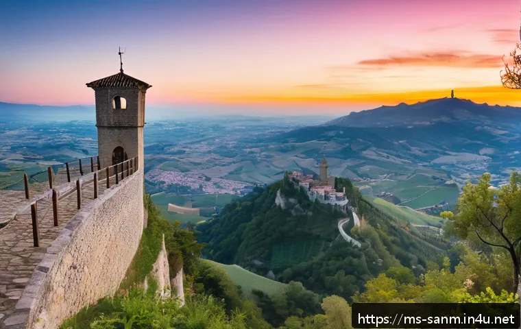 산마리노 구시가지 탐방 - A panoramic view of San Marino’s ancient Guaita Tower perched atop a rugged hill at sunset, with win...