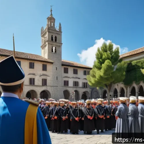 산마리노 헌법 및 정치 체계 - A detailed scene of the historic Captains Regent ceremony in San Marino’s main square, featuring two...