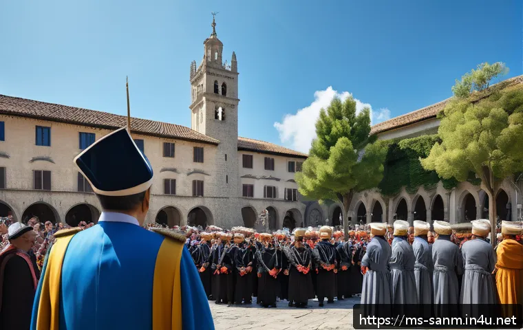 산마리노 헌법 및 정치 체계 - A detailed scene of the historic Captains Regent ceremony in San Marino’s main square, featuring two...