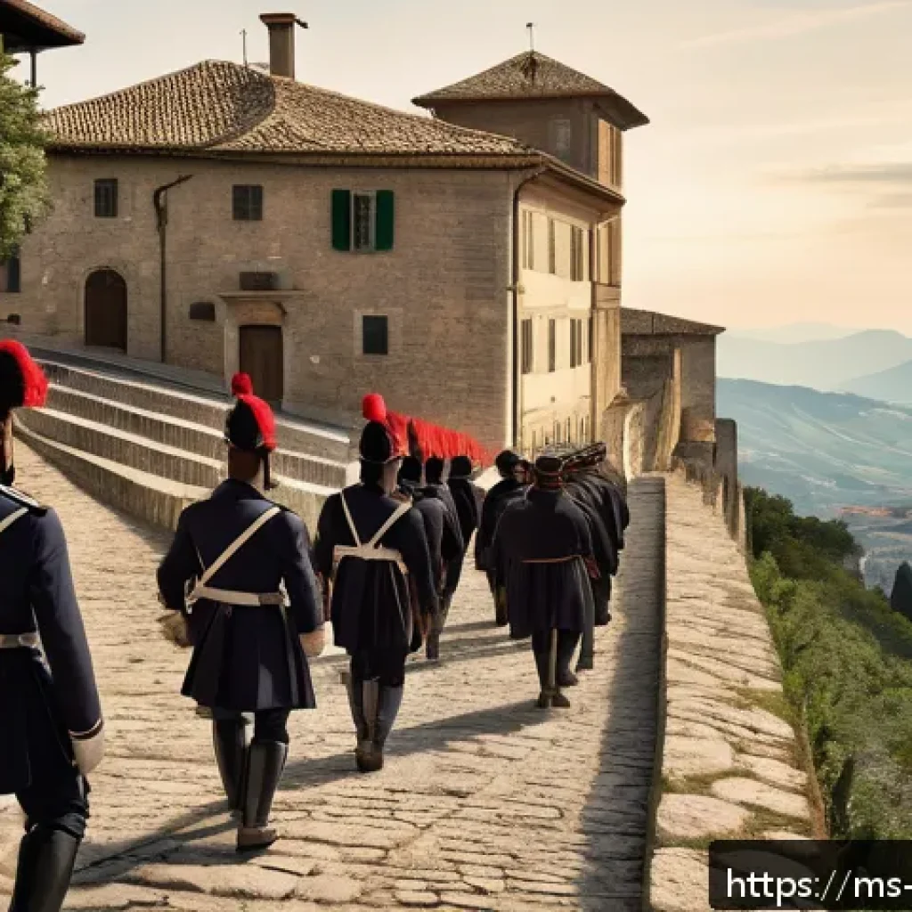 산마리노 나폴레옹 관계 - A detailed historical map scene of San Marino during the French Revolution era, showing the small re...